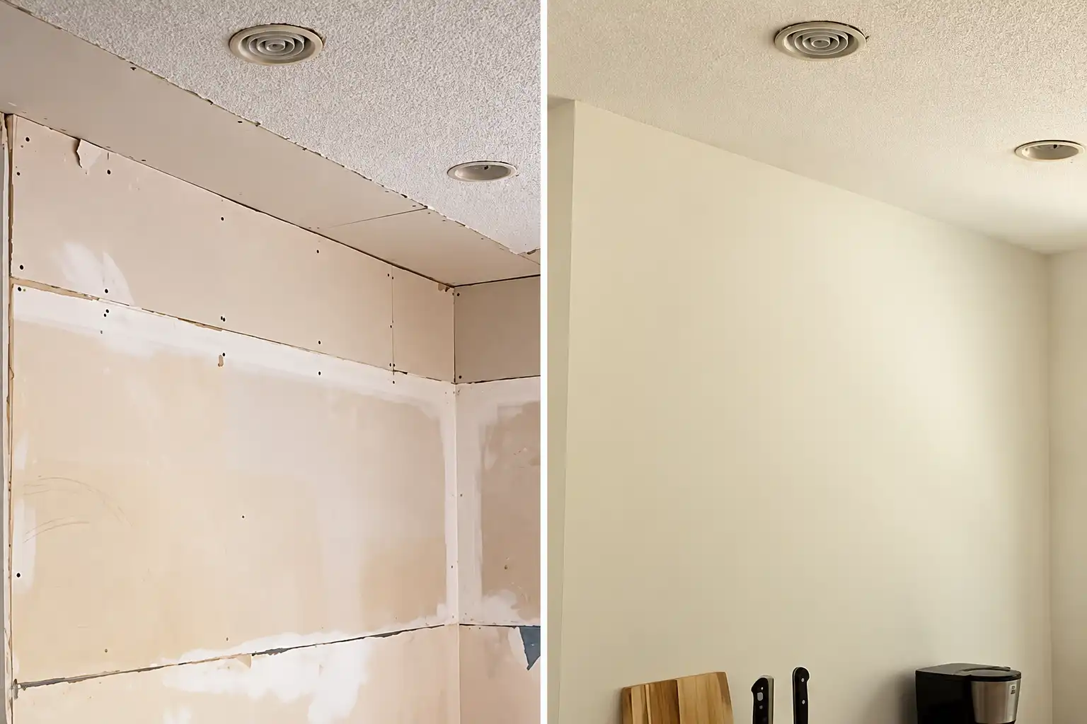 drywall wall before and after finishing, with taped seams on the left and a smooth paint-ready wall on the right in a Surrey home