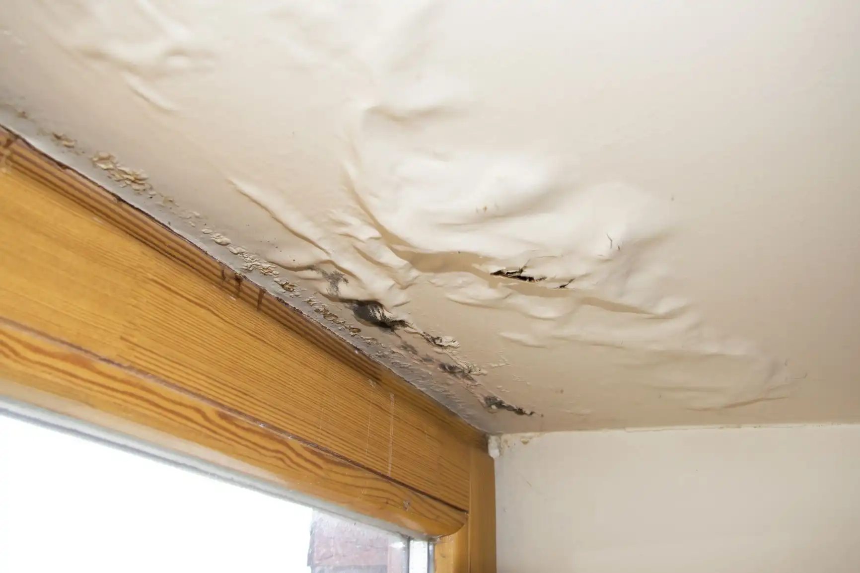 Brown water stain and damage on a drywall ceiling